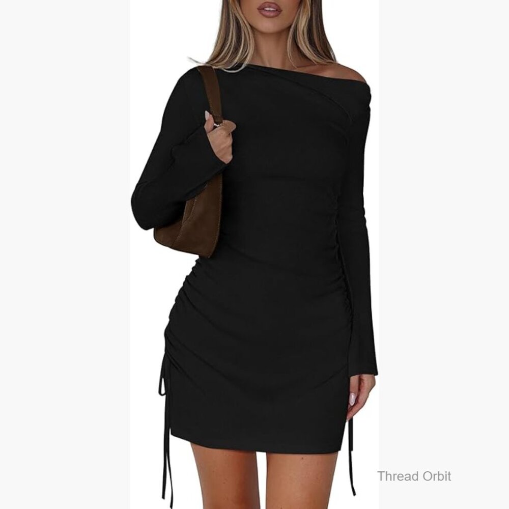 Off Shoulder Long Sleeve Mini Bodycon Dress Stretchy Ribbed Knit Cocktail Party